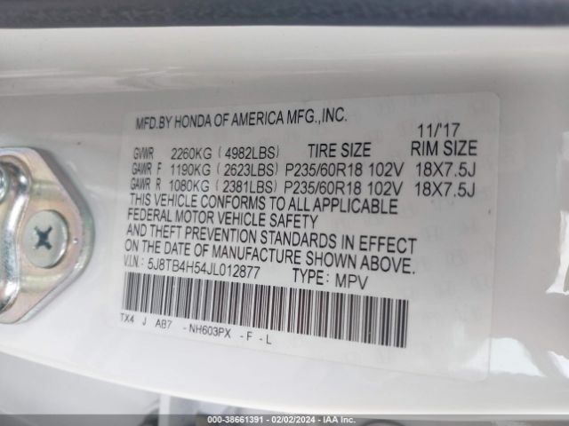 5J8TB4H54JL012877 Acura Rdx Technology Pkg/w/technology/acurawatch Plus Pkg