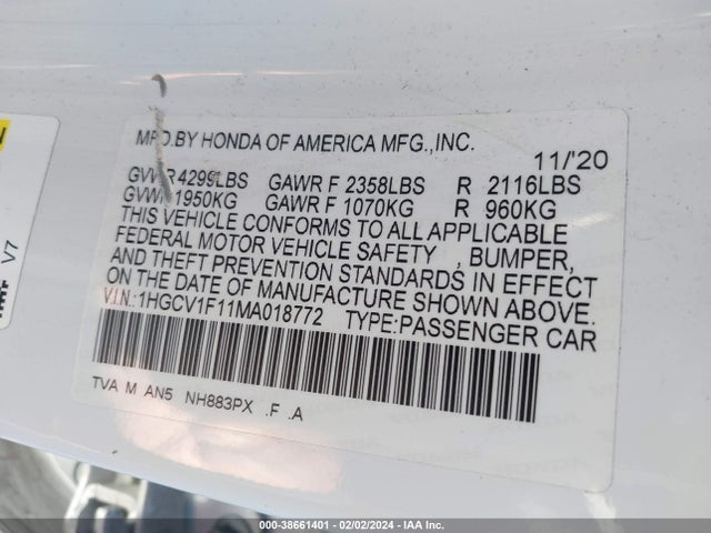 Honda ACCORD LX 2021 1HGCV1F11MA018772 Image 9