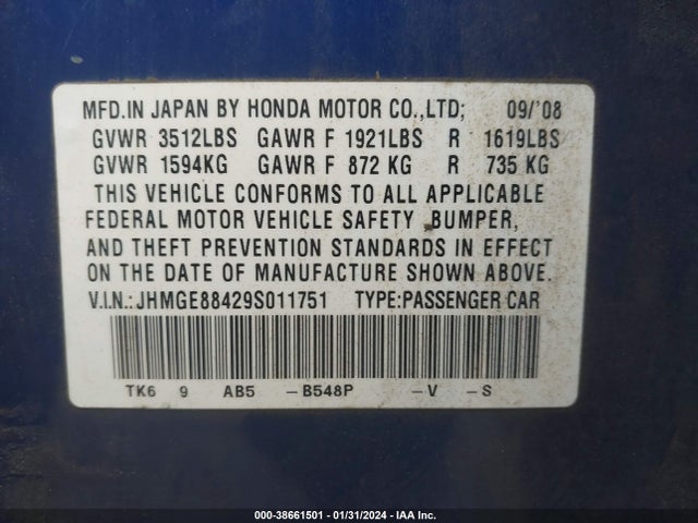 2009 HONDA FIT SPORT VIN: JHMGE88429S011751