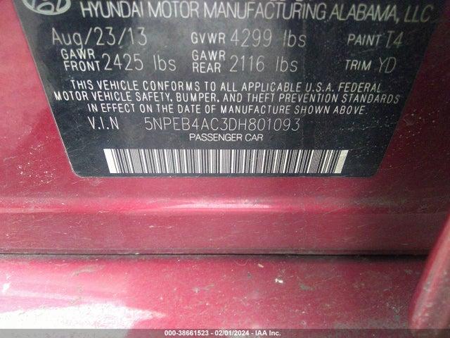 2013 HYUNDAI SONATA GLS VIN: 5NPEB4AC3DH801093