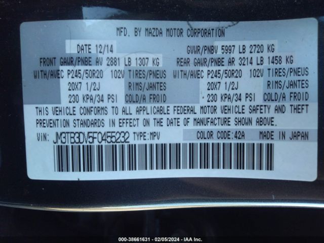 JM3TB3DV5F0455232 Mazda Cx-9 Grand Touring