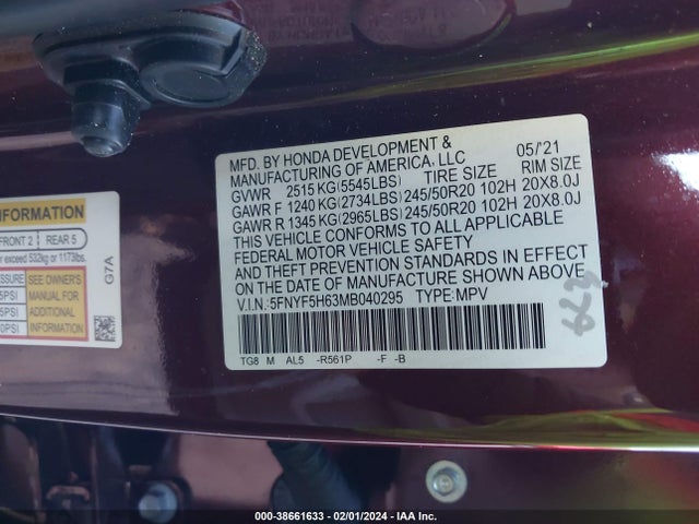 Honda Pilot 2wd Touring 7 Passenger 2021 5FNYF5H63MB040295 Image 9