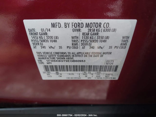 Ford EXPLORER SPORT 2014 1FM5K8GT9EGB60953 Image 9