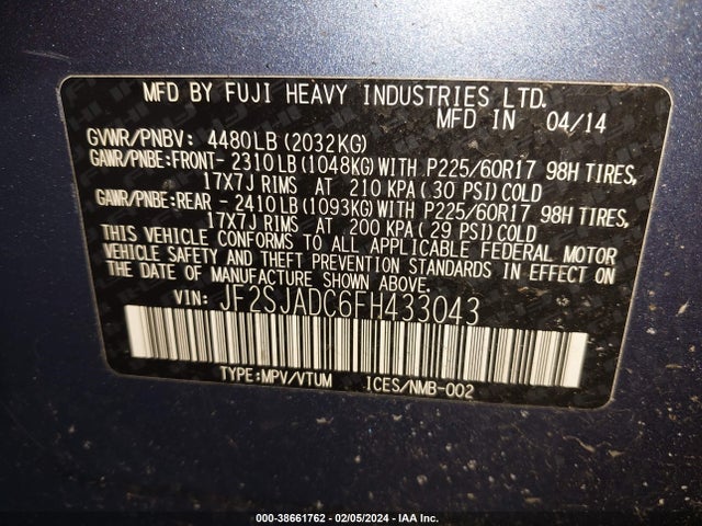 2015 SUBARU FORESTER 2.5I PREMIUM VIN: JF2SJADC6FH433043