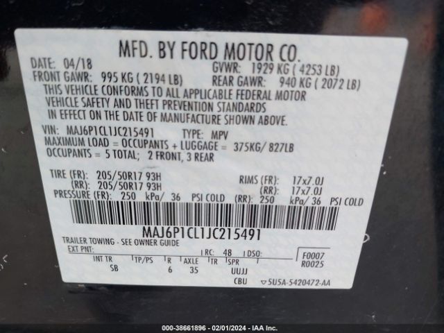 MAJ6P1CL1JC215491 Ford Ecosport Ses
