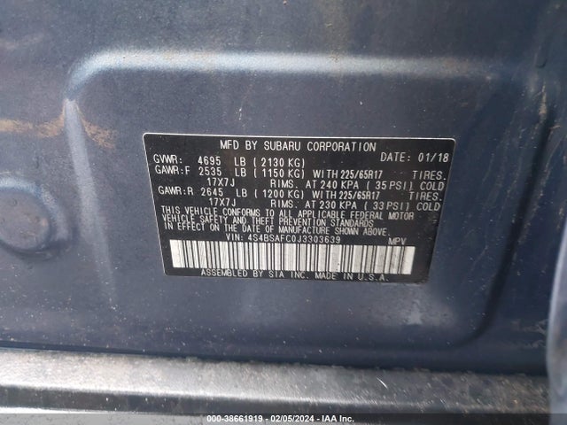 Subaru Outback 2.5i Premium 2018 4S4BSAFC0J3303639 Image 9