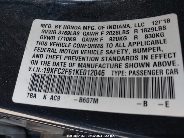 Honda Civic Lx 2019 19XFC2F61KE012046 Image 9