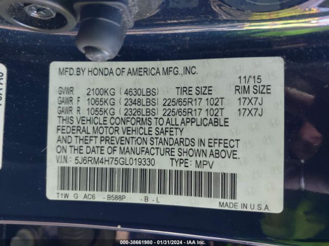 5J6RM4H75GL019330 Honda Cr-v Ex-l