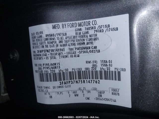 2005 FORD FOCUS ZX5 VIN: 3FAFP37N75R147762