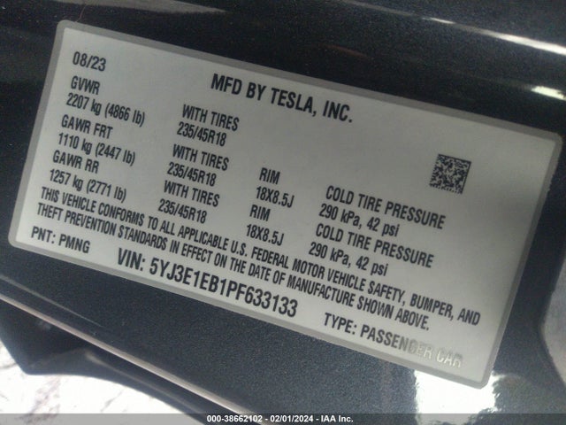 2023 TESLA MODEL 3 LONG RANGE DUAL MOTOR ALL-WHEEL DRIVE VIN: 5YJ3E1EB1PF633133