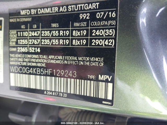 2017 MERCEDES-BENZ GLC 300 4MATIC VIN: WDC0G4KB5HF129243
