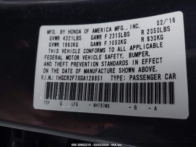 Honda ACCORD EX 2016 1HGCR2F7XGA128951 Image 9