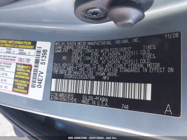2009 TOYOTA SIENNA XLE VIN: 5TDZK22C29S267994