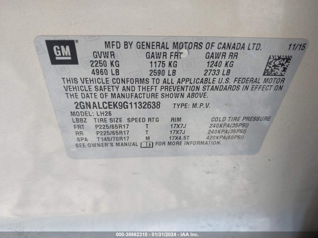 Chevrolet EQUINOX LT 2016 2GNALCEK9G1132638 Image 9