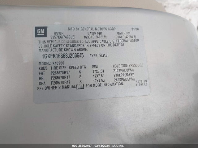2008 GMC YUKON XL 1500 SLT VIN: 1GKFK16368J200645