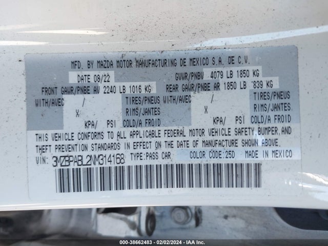 3MZBPABL2NM314168 Mazda Mazda3 Select