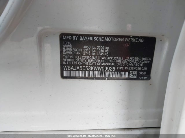 BMW 530I 2019 WBAJA5C53KWW09926 Image 9