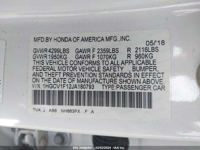 Honda ACCORD LX 2018 1HGCV1F12JA180793 Image 9