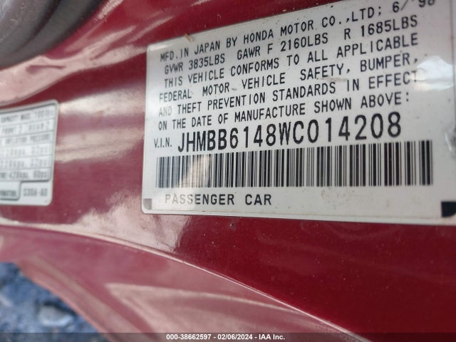 1998 HONDA PRELUDE VIN: JHMBB6148WC014208