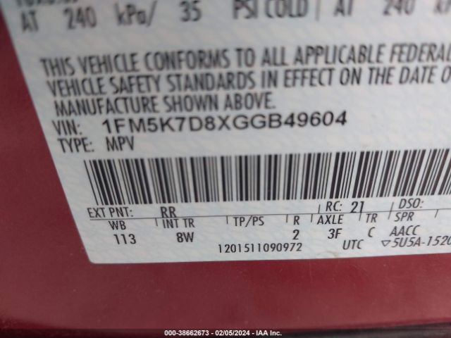 1FM5K7D8XGGB49604 Ford EXPLORER XLT
