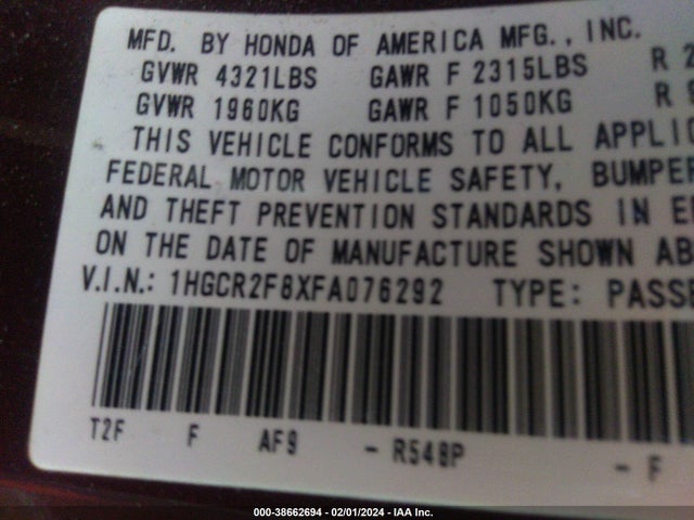 Honda ACCORD EXL 2015 1HGCR2F8XFA076292 Image 9