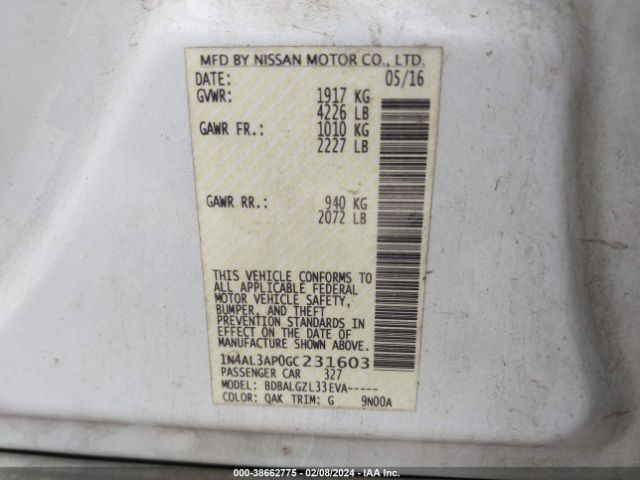 1N4AL3AP0GC231603 Nissan Altima 2.5/2.5 S/2.5 Sl/2.5 Sr/2.5 Sv