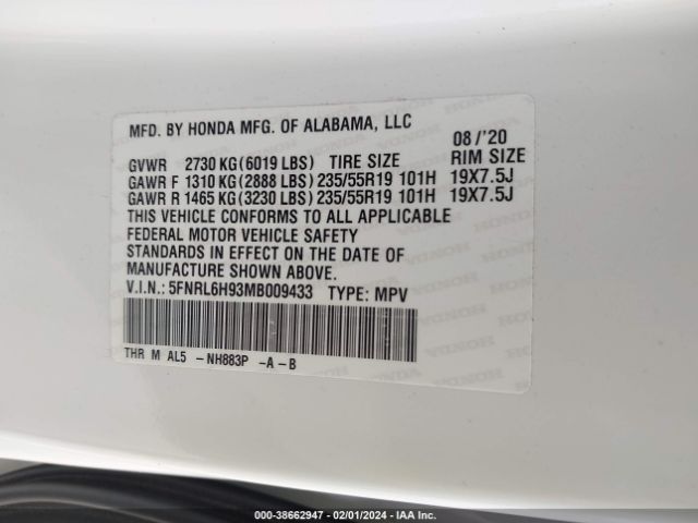 5FNRL6H93MB009433 Honda Odyssey Elite