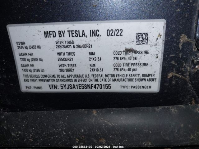 5YJSA1E58NF470155 Tesla Model S Dual Motor All-wheel Drive