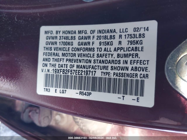 Honda Civic Lx 2014 19XFB2F57EE219717 Image 9