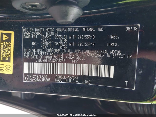 2018 TOYOTA HIGHLANDER LIMITED VIN: 5TDDZRFH1JS908755
