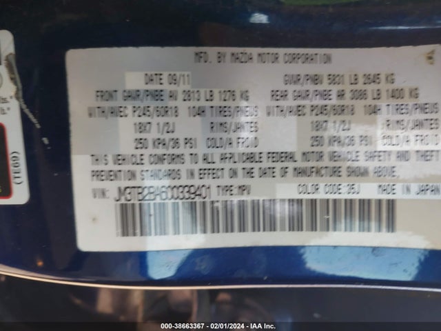 2012 MAZDA CX-9 SPORT VIN: JM3TB2BA6C0339401