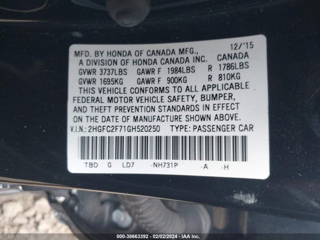 Honda CIVIC EX 2016 2HGFC2F71GH520250 Image 9