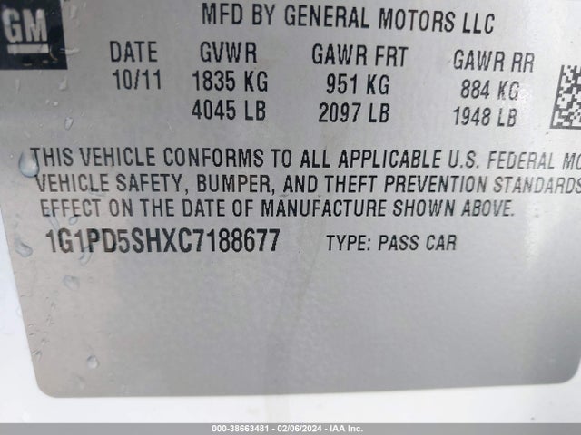 2012 CHEVROLET CRUZE LS VIN: 1G1PD5SHXC7188677