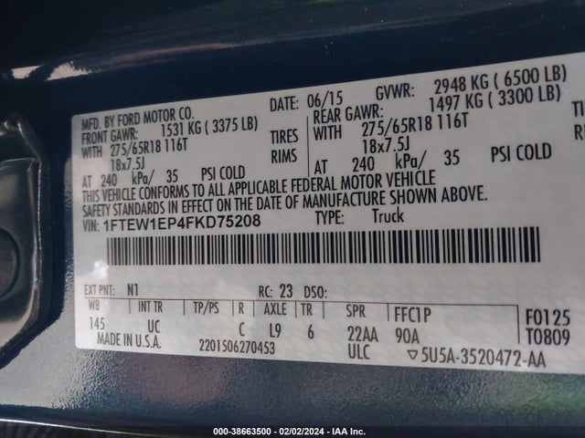 1FTEW1EP4FKD75208 Ford F-150 Xlt