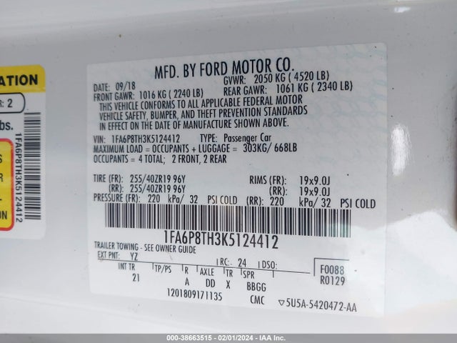 Ford Mustang Ecoboost 2019 1FA6P8TH3K5124412 Image 9