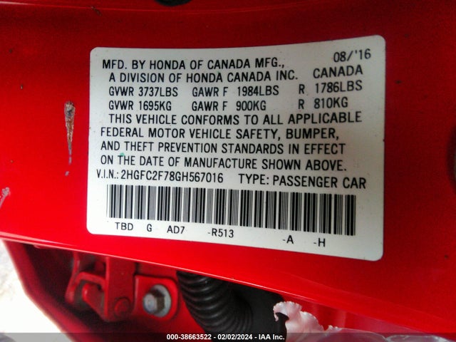 Honda CIVIC EX 2016 2HGFC2F78GH567016 Image 9