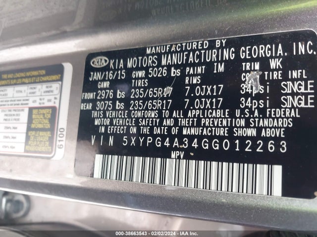 KIA Sorento 2.4l Lx 2016 5XYPG4A34GG012263 Image 9