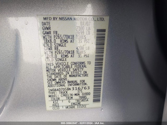 2008 NISSAN TITAN SE VIN: 1N6BA07D58N316763