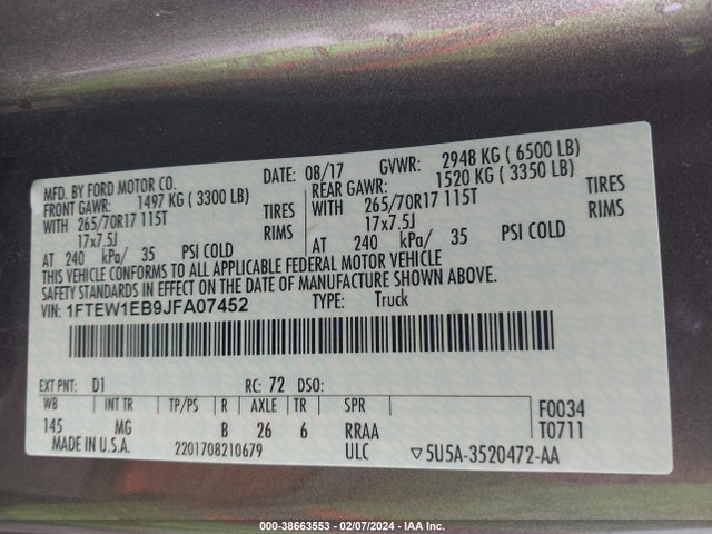 1FTEW1EB9JFA07452 Ford F-150 Xlt
