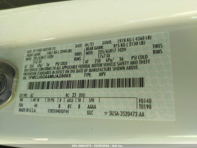 2021 FORD ESCAPE 1FMCU0G64MUA28065 Photo 8