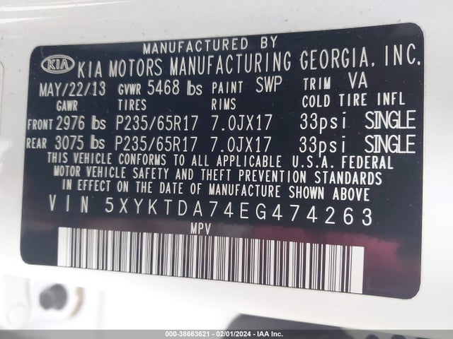 KIA Sorento Lx V6 2014 5XYKTDA74EG474263 Image 9