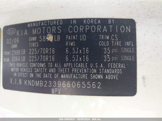 2006 KIA SEDONA EX/LX VIN: KNDMB233966065562