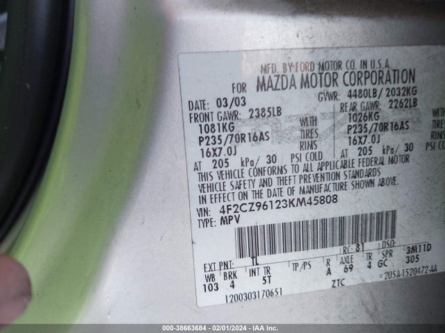 2003 MAZDA TRIBUTE ES V6 VIN: 4F2CZ96123KM45808