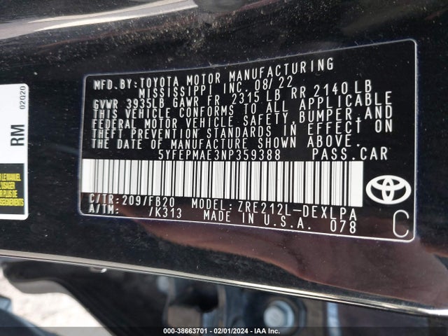 2022 TOYOTA COROLLA LE VIN: 5YFEPMAE3NP359388