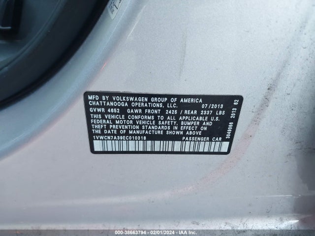 1VWCN7A39EC010318 Volkswagen Passat 2.0l Tdi Sel Premium