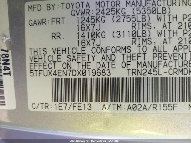 2013 TOYOTA TACOMA VIN: 5TFUX4EN7DX019683