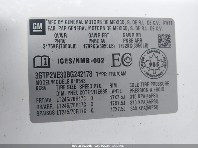 2011 GMC SIERRA 1500 SLE VIN: 3GTP2VE30BG242178