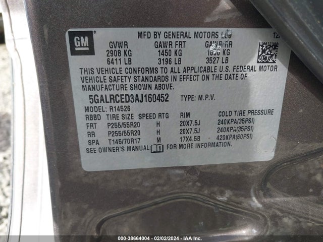 Aukcja sprzedaży 2010 Buick Enclave 2xl, vin: 5GALRCED3AJ160452, numer aukcji: 38664004