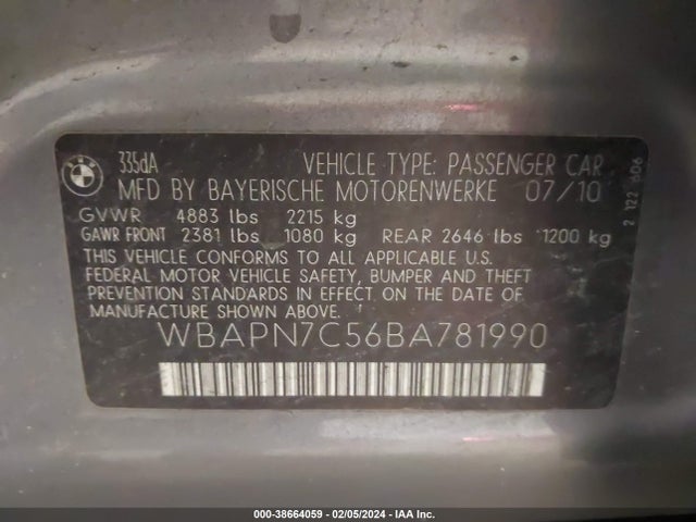 2011 BMW 335D VIN: WBAPN7C56BA781990