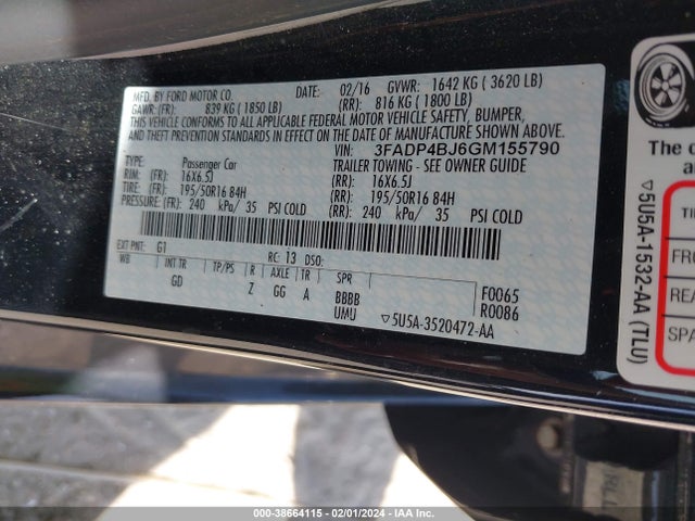2016 FORD FIESTA SE VIN: 3FADP4BJ6GM155790